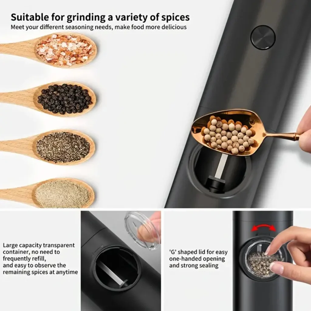 Moedor Elétrico Sal Pimenta Temperos Condimentos Automático Ajuste Moagem Prático Compacto Cozinha Conforto Sabor Personalizado - Image 2
